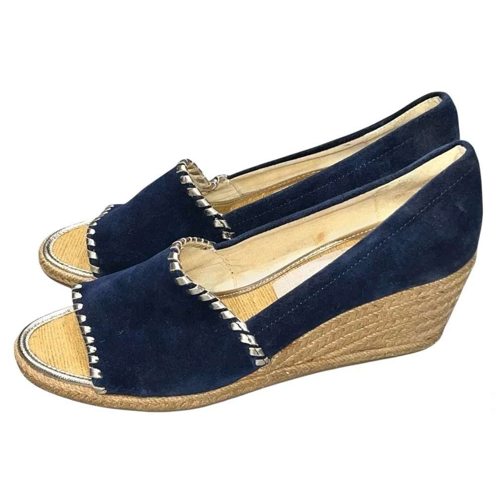 Jack Rogers Blue Suede Palmer Jute Wrapped Wedge Espadrille Peeptoe Shoes 9.5